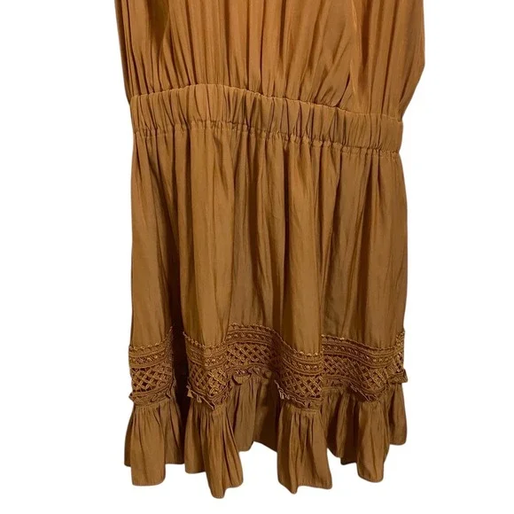 Ramy Brook New York Cara Mini Silky Satin Ruffle Lace Light Cognac‎ Brown Large - Picture 9 of 11